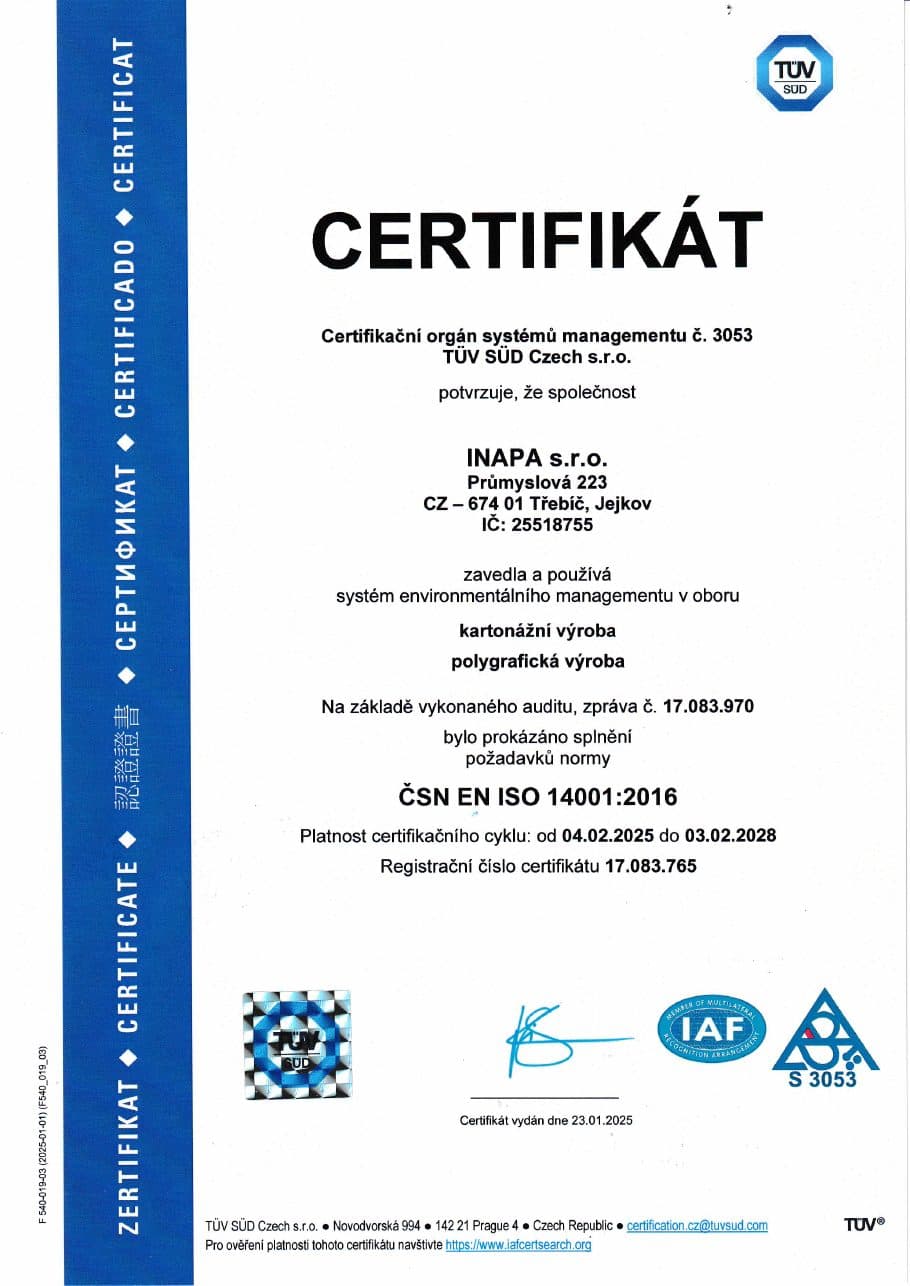 Náhled certifikátu ISO 14001