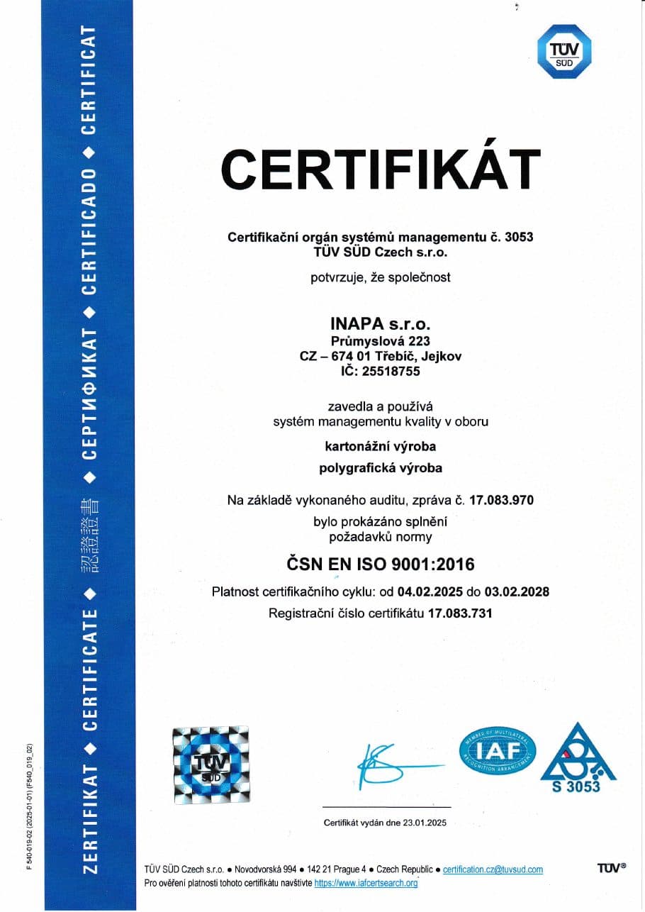 Náhled certifikátu ISO 9001