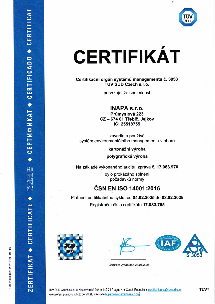 Náhled certifikátu ISO 14001
