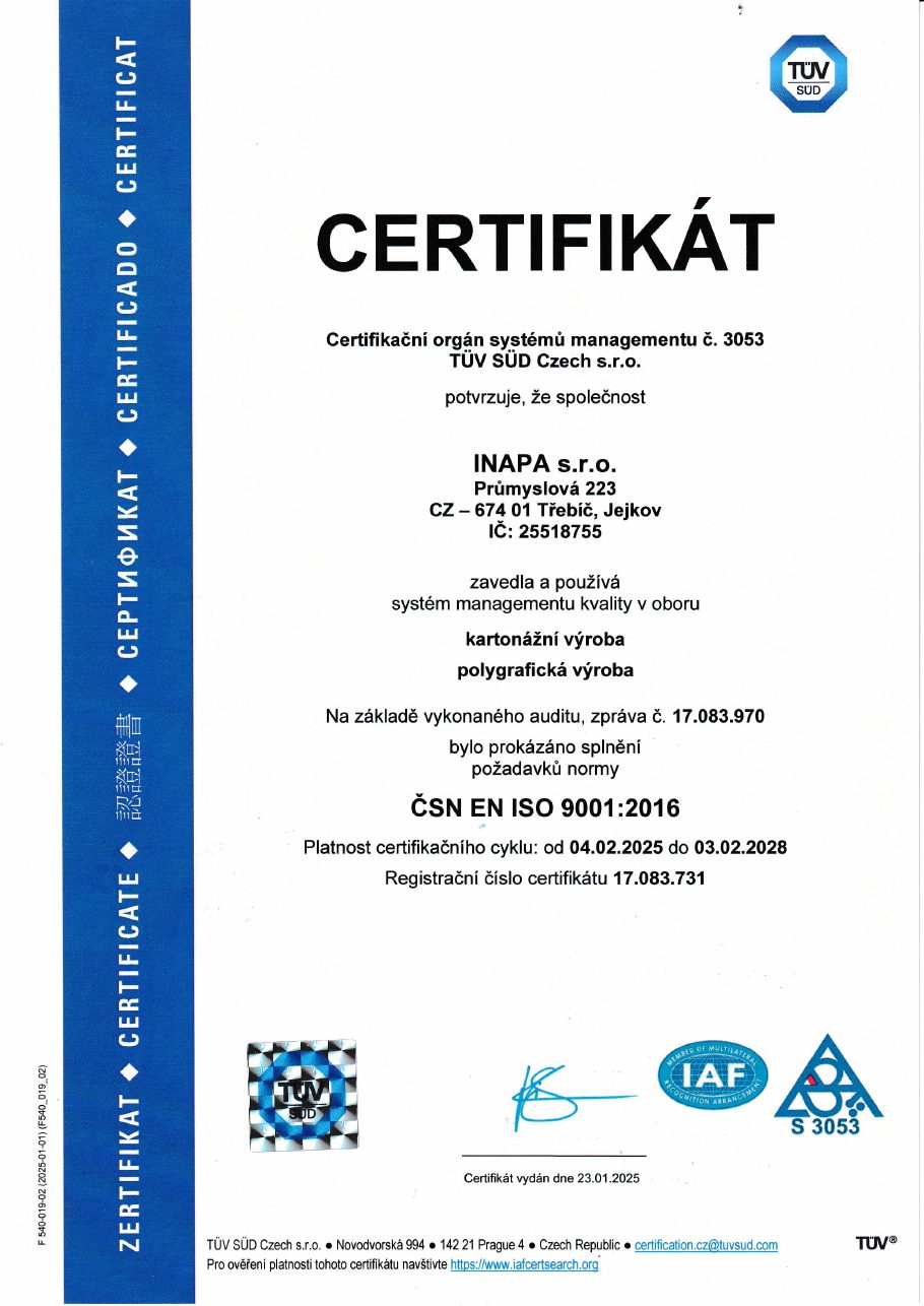 Náhled certifikátu ISO 9001